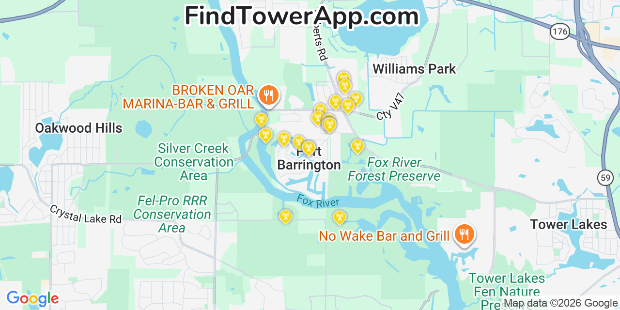 Map showing the 20 primary cell tower locations detected in Port Barrington, Illinois from AT&T, Verizon, and T-Mobile networks