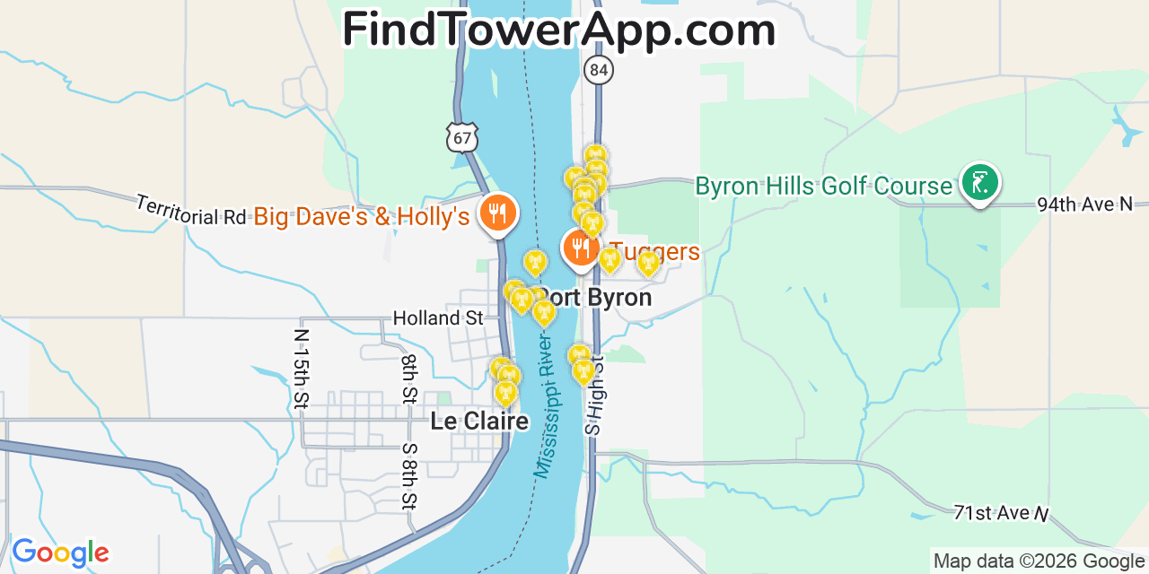 Map showing the 20 primary cell tower locations detected in Port Byron, Illinois from AT&T, Verizon, and T-Mobile networks