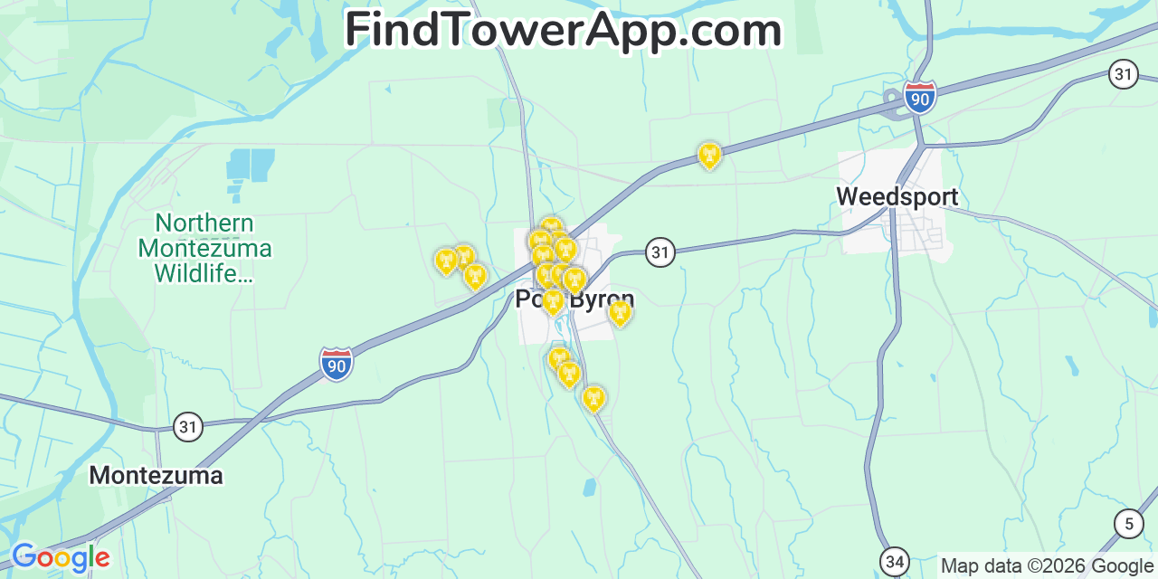Map showing the 20 primary cell tower locations detected in Port Byron, New York from AT&T, Verizon, and T-Mobile networks