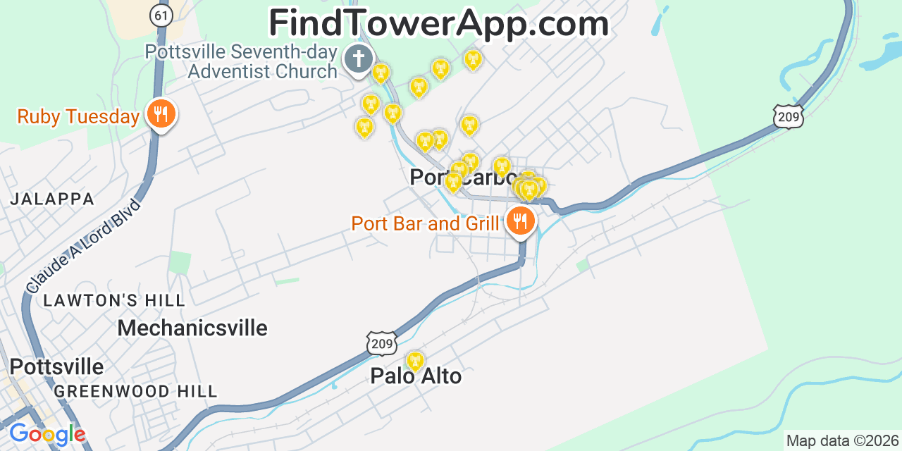 Map showing the 20 primary cell tower locations detected in Port Carbon, Pennsylvania from AT&T, Verizon, and T-Mobile networks