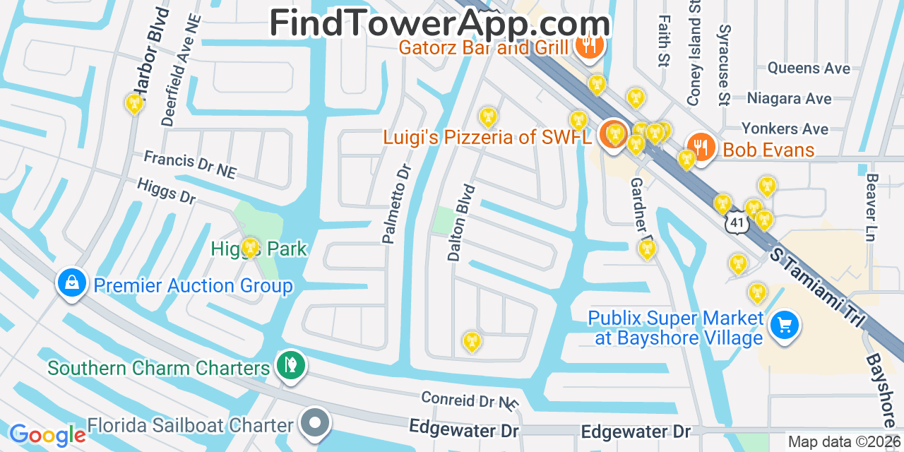 Map showing the 20 primary cell tower locations detected in Port Charlotte, Florida from AT&T, Verizon, and T-Mobile networks