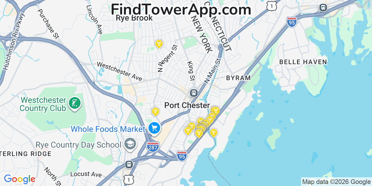 Map showing the 20 primary cell tower locations detected in Port Chester, New York from AT&T, Verizon, and T-Mobile networks