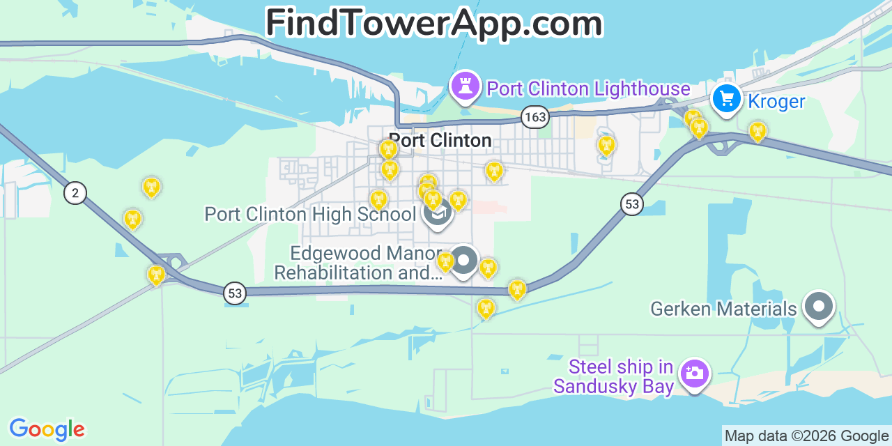 Map showing the 20 primary cell tower locations detected in Port Clinton, Ohio from AT&T, Verizon, and T-Mobile networks