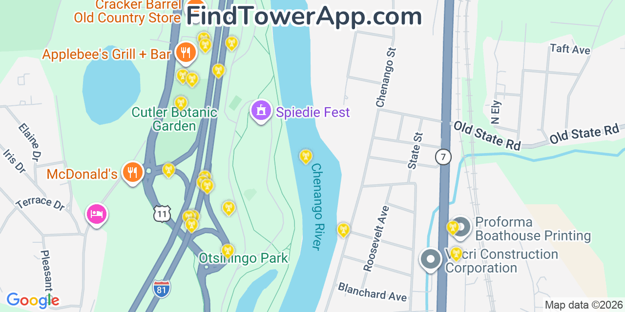 Map showing the 20 primary cell tower locations detected in Port Dickinson, New York from AT&T, Verizon, and T-Mobile networks