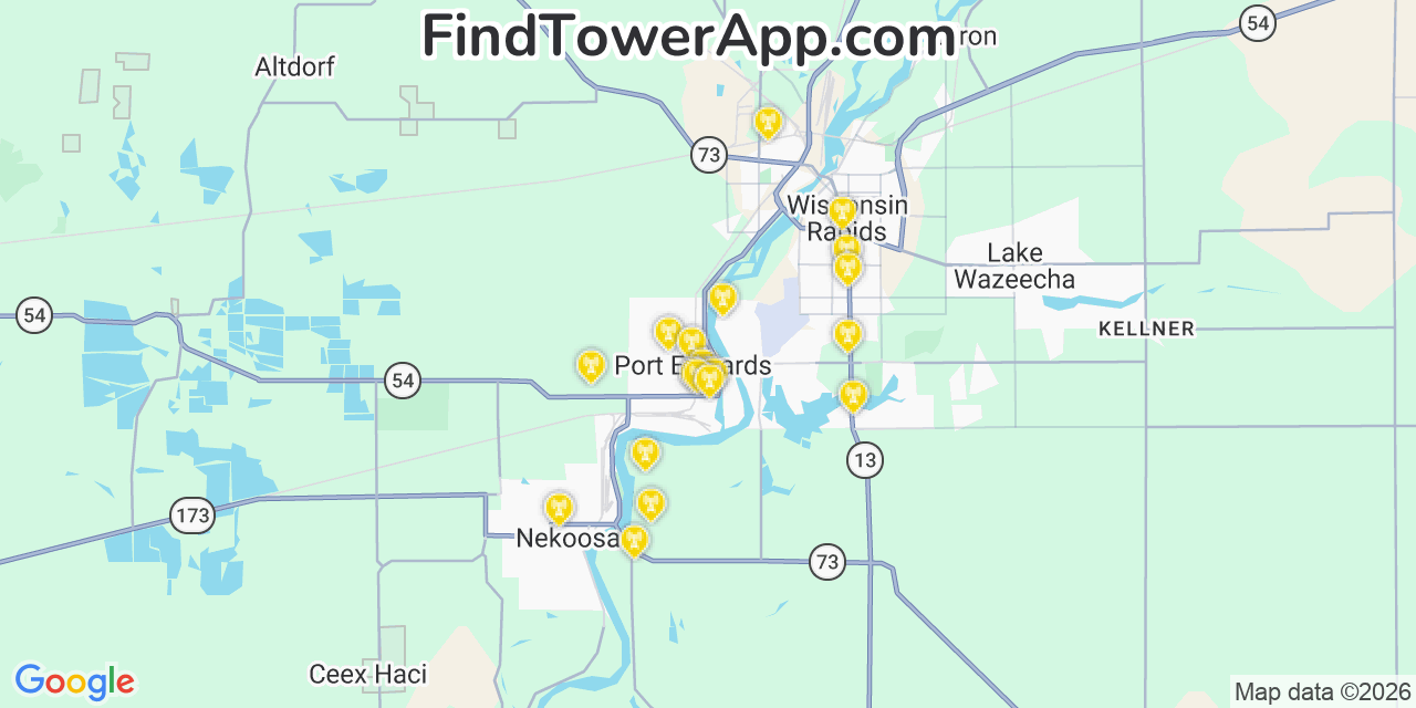Map showing the 20 primary cell tower locations detected in Port Edwards, Wisconsin from AT&T, Verizon, and T-Mobile networks