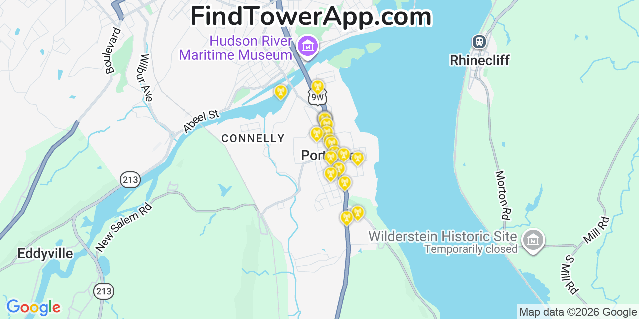 Map showing the 20 primary cell tower locations detected in Port Ewen, New York from AT&T, Verizon, and T-Mobile networks