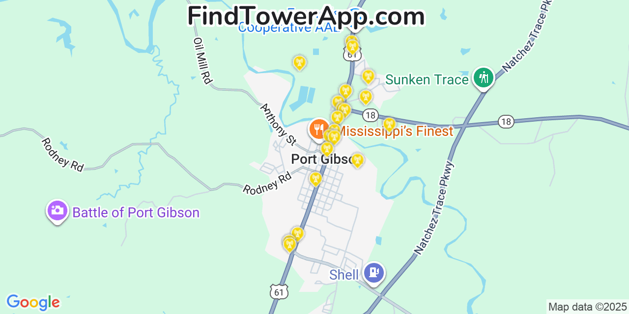 Map showing the 20 primary cell tower locations detected in Port Gibson, Mississippi from AT&T, Verizon, and T-Mobile networks
