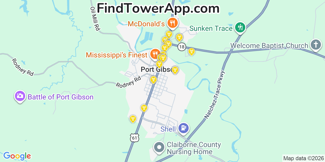 Map showing the 20 primary cell tower locations detected in Port Gibson, Mississippi from AT&T, Verizon, and T-Mobile networks