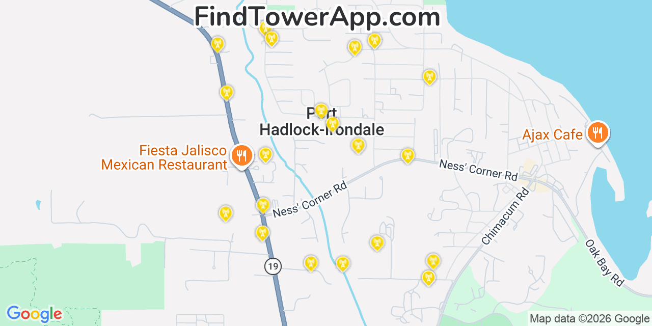 Map showing the 20 primary cell tower locations detected in Port Hadlock Irondale, Washington from AT&T, Verizon, and T-Mobile networks