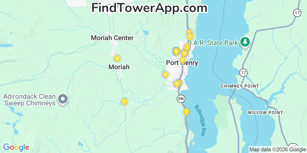 Map showing the 20 primary cell tower locations detected in Port Henry, New York from AT&T, Verizon, and T-Mobile networks