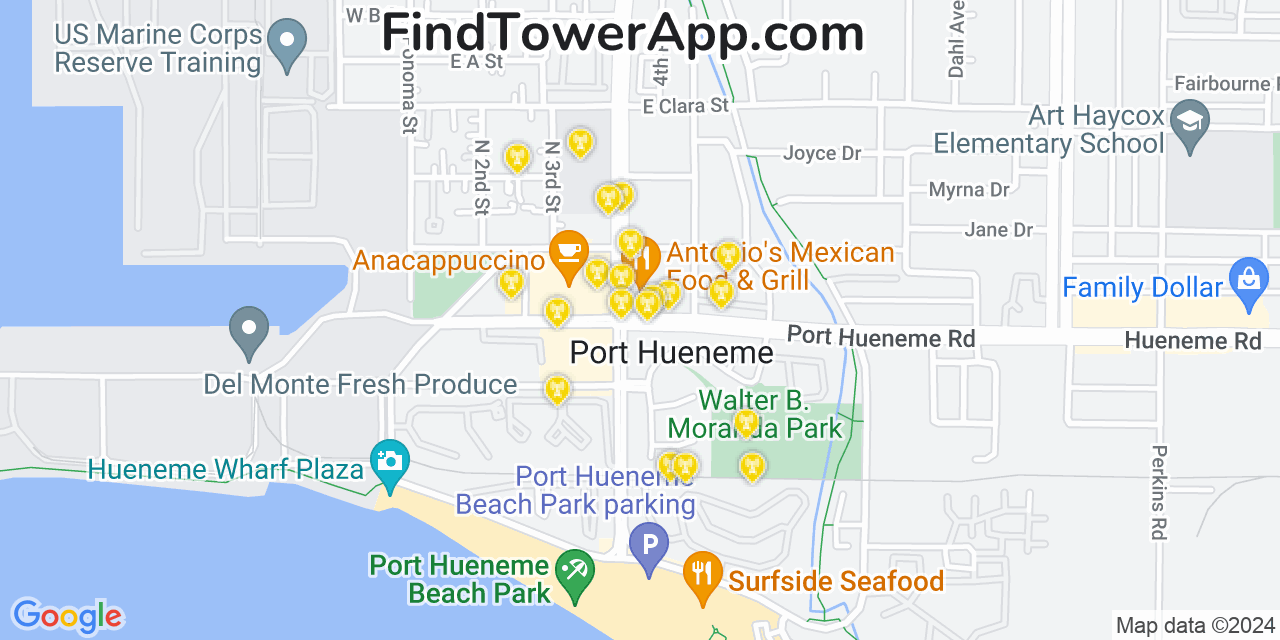 AT&T 4G/5G cell tower coverage map Port Hueneme, California