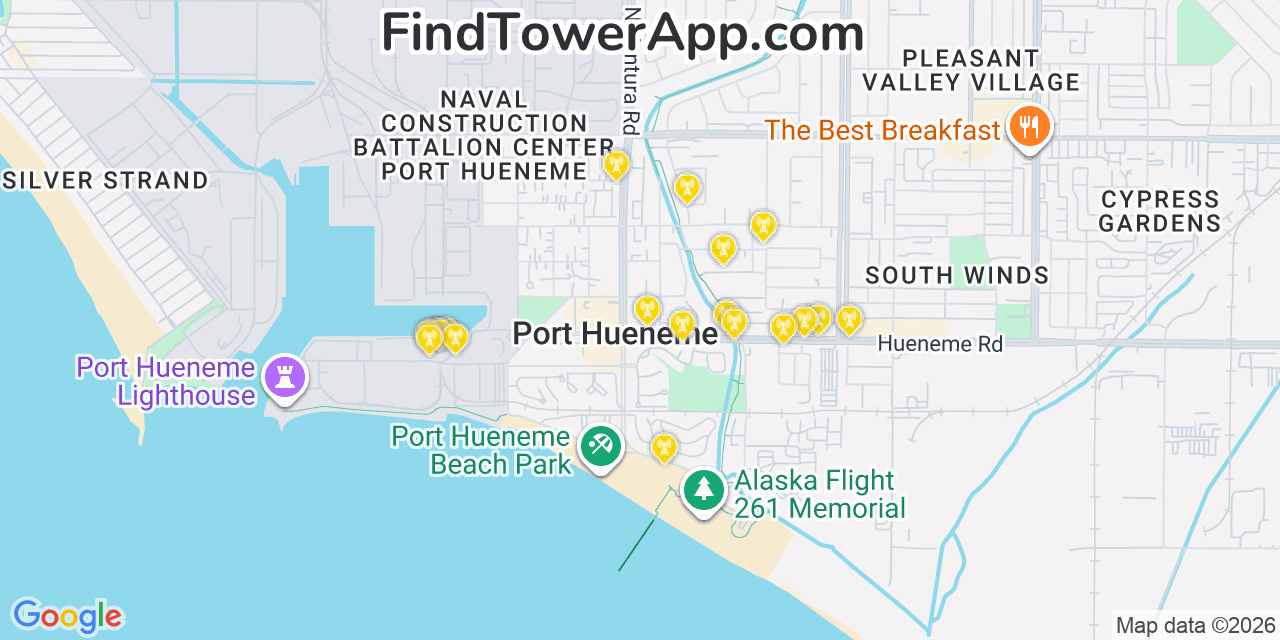 Map showing the 20 primary cell tower locations detected in Port Hueneme, California from AT&T, Verizon, and T-Mobile networks