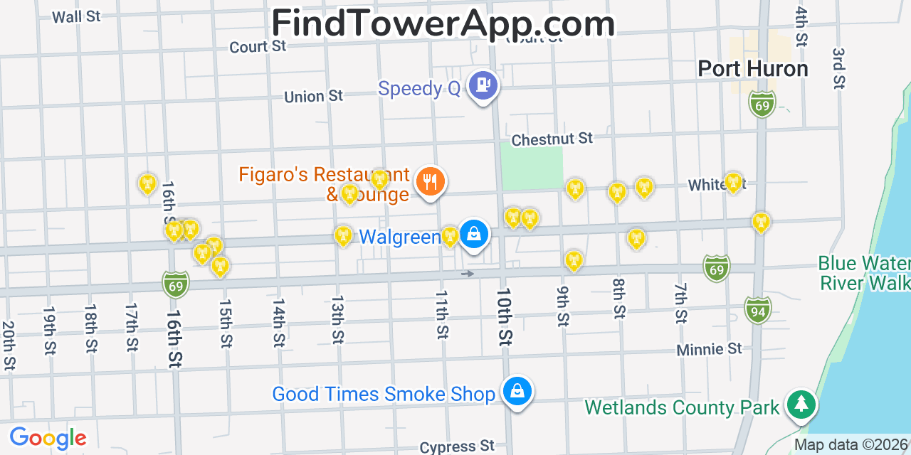 Map showing the 20 primary cell tower locations detected in Port Huron, Michigan from AT&T, Verizon, and T-Mobile networks
