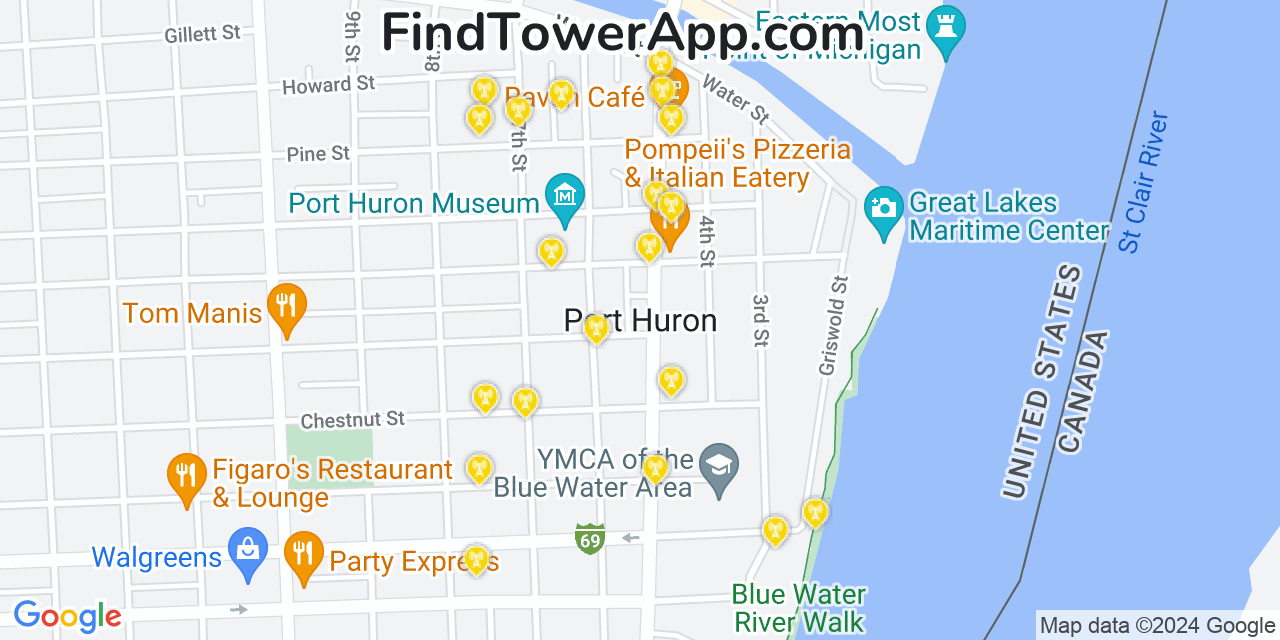 Verizon 4G/5G cell tower coverage map Port Huron, Michigan