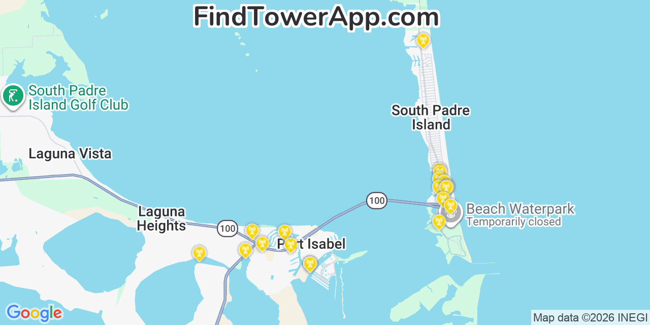 Map showing the 20 primary cell tower locations detected in Port Isabel, Texas from AT&T, Verizon, and T-Mobile networks