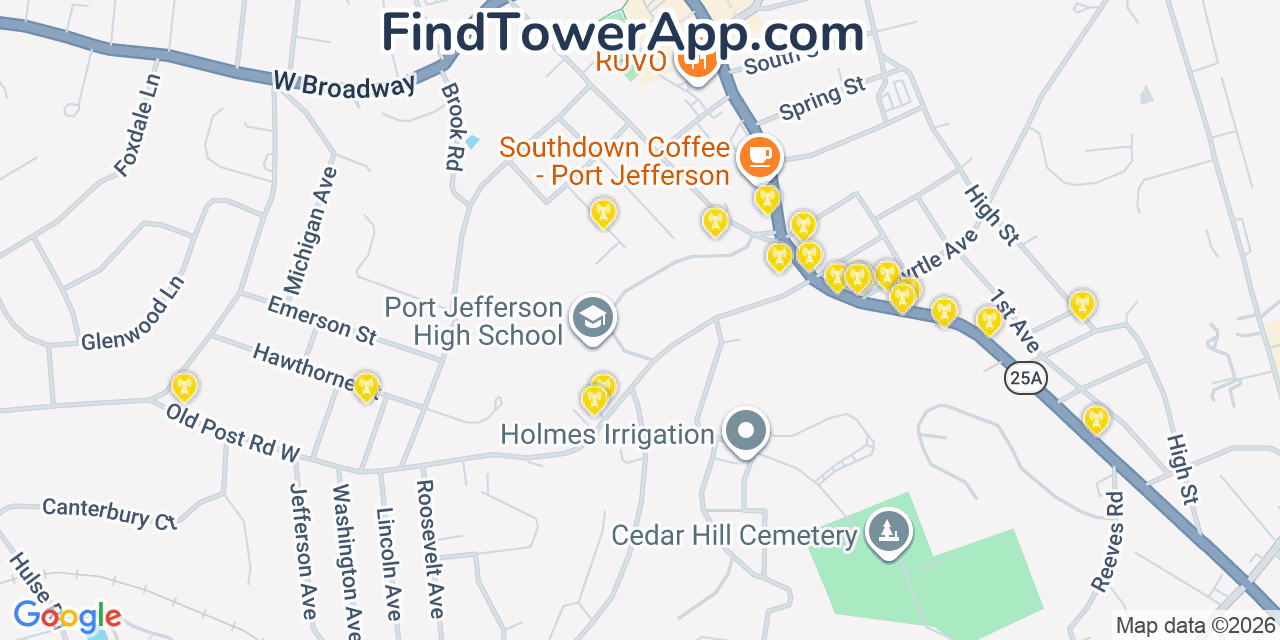 Map showing the 20 primary cell tower locations detected in Port Jefferson, New York from AT&T, Verizon, and T-Mobile networks