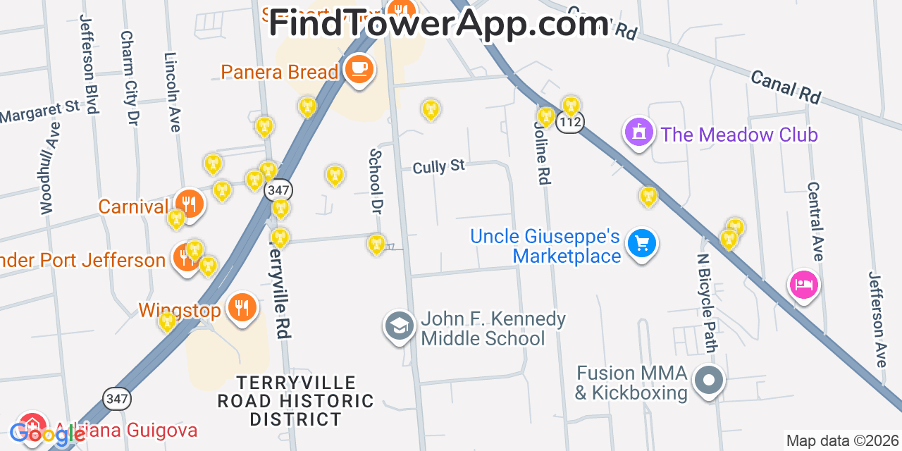 Map showing the 20 primary cell tower locations detected in Port Jefferson Station, New York from AT&T, Verizon, and T-Mobile networks