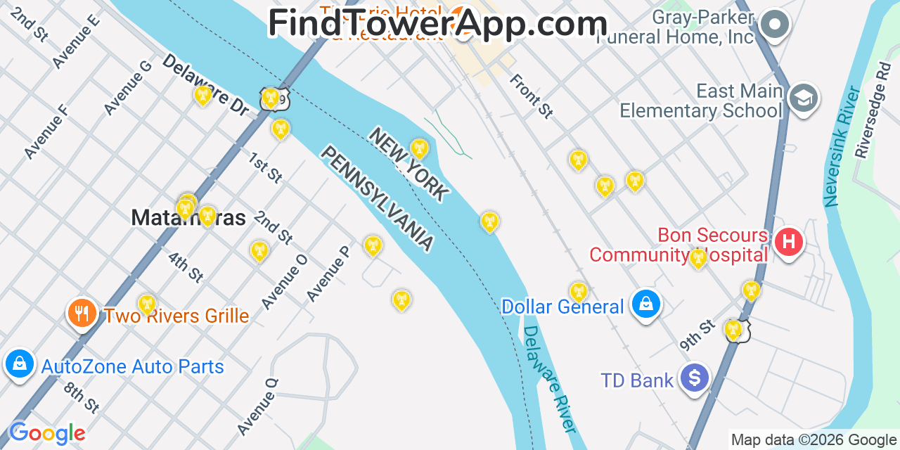 Map showing the 20 primary cell tower locations detected in Port Jervis, New York from AT&T, Verizon, and T-Mobile networks