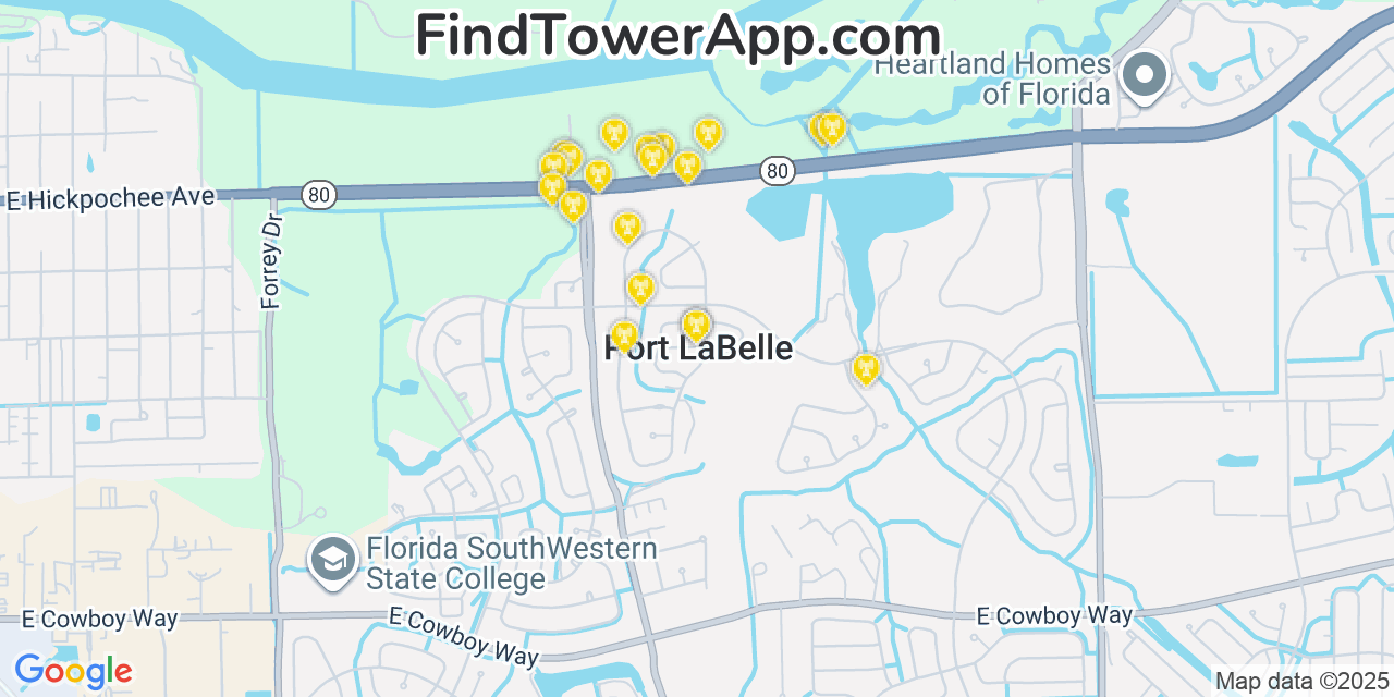 Map showing the 20 primary cell tower locations detected in Port LaBelle, Florida from AT&T, Verizon, and T-Mobile networks