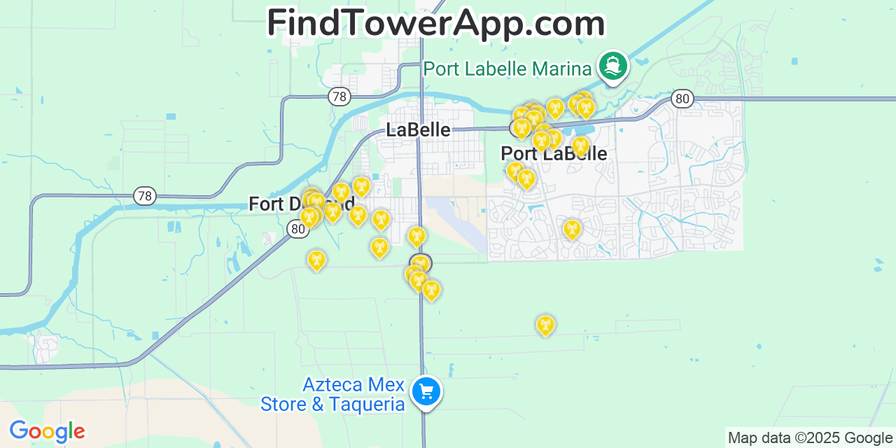 Map showing the 36 primary AT&T cell tower locations detected in Port Labelle, Florida with coverage radius and signal strength indicators