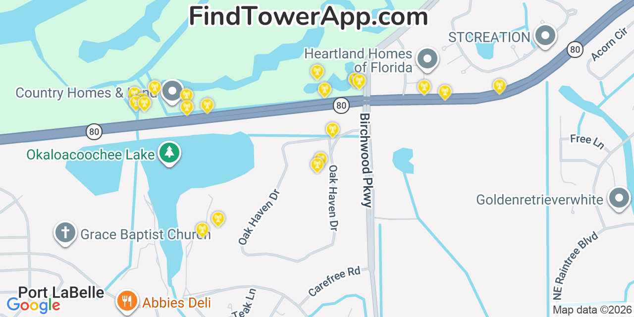 Map showing the 20 primary cell tower locations detected in Port Labelle, Florida from AT&T, Verizon, and T-Mobile networks