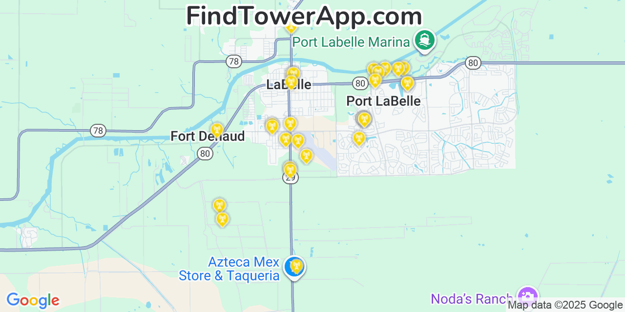 Map showing the 29 primary T-Mobile cell tower locations detected in Port Labelle, Florida with coverage radius and signal strength indicators