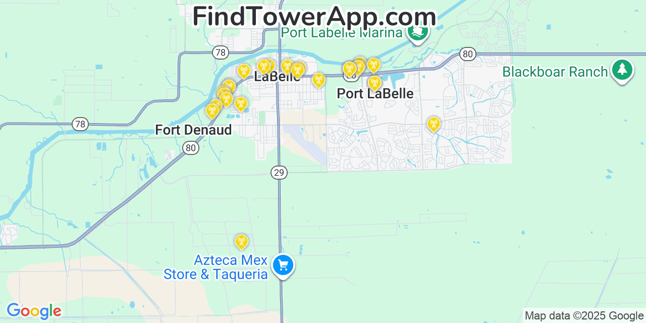 Map showing the 25 primary Verizon cell tower locations detected in Port Labelle, Florida with coverage radius and signal strength indicators