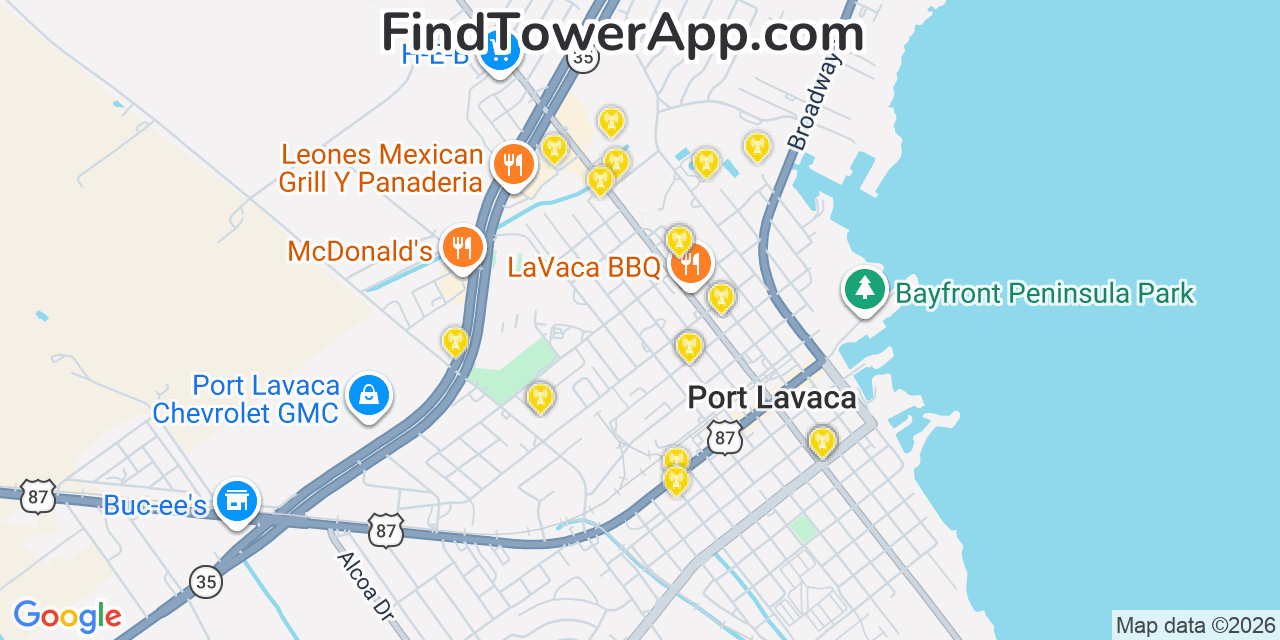 Map showing the 20 primary cell tower locations detected in Port Lavaca, Texas from AT&T, Verizon, and T-Mobile networks