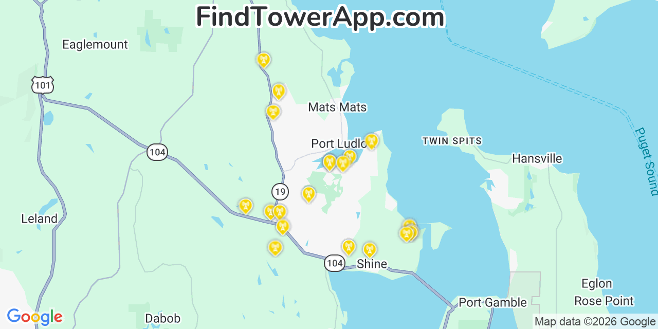 Map showing the 20 primary cell tower locations detected in Port Ludlow, Washington from AT&T, Verizon, and T-Mobile networks