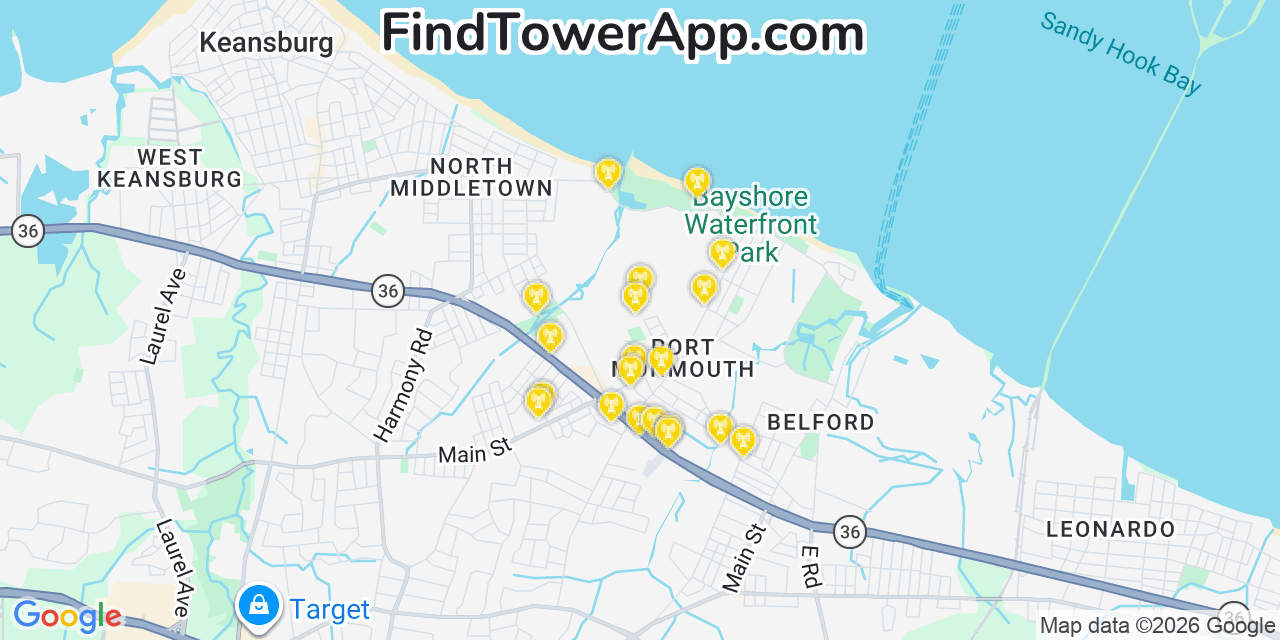 Map showing the 20 primary cell tower locations detected in Port Monmouth, New Jersey from AT&T, Verizon, and T-Mobile networks