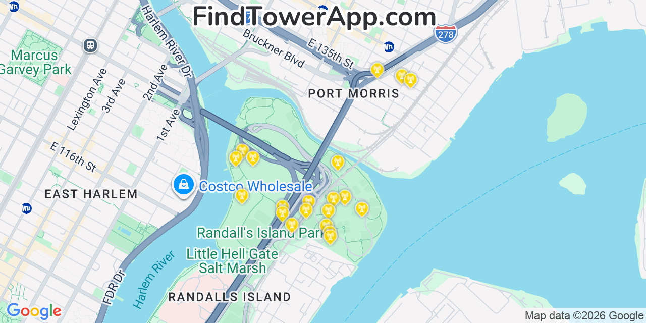 Map showing the 20 primary cell tower locations detected in Port Morris, New York from AT&T, Verizon, and T-Mobile networks