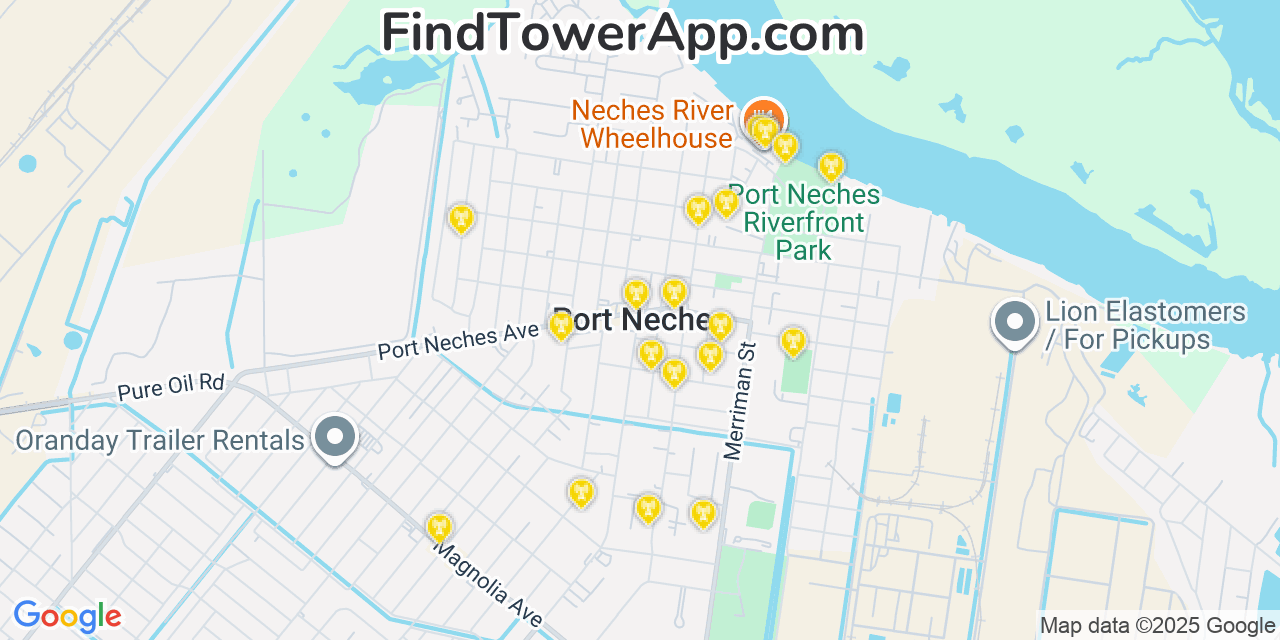 Map showing the 20 primary cell tower locations detected in Port Neches, Texas from AT&T, Verizon, and T-Mobile networks
