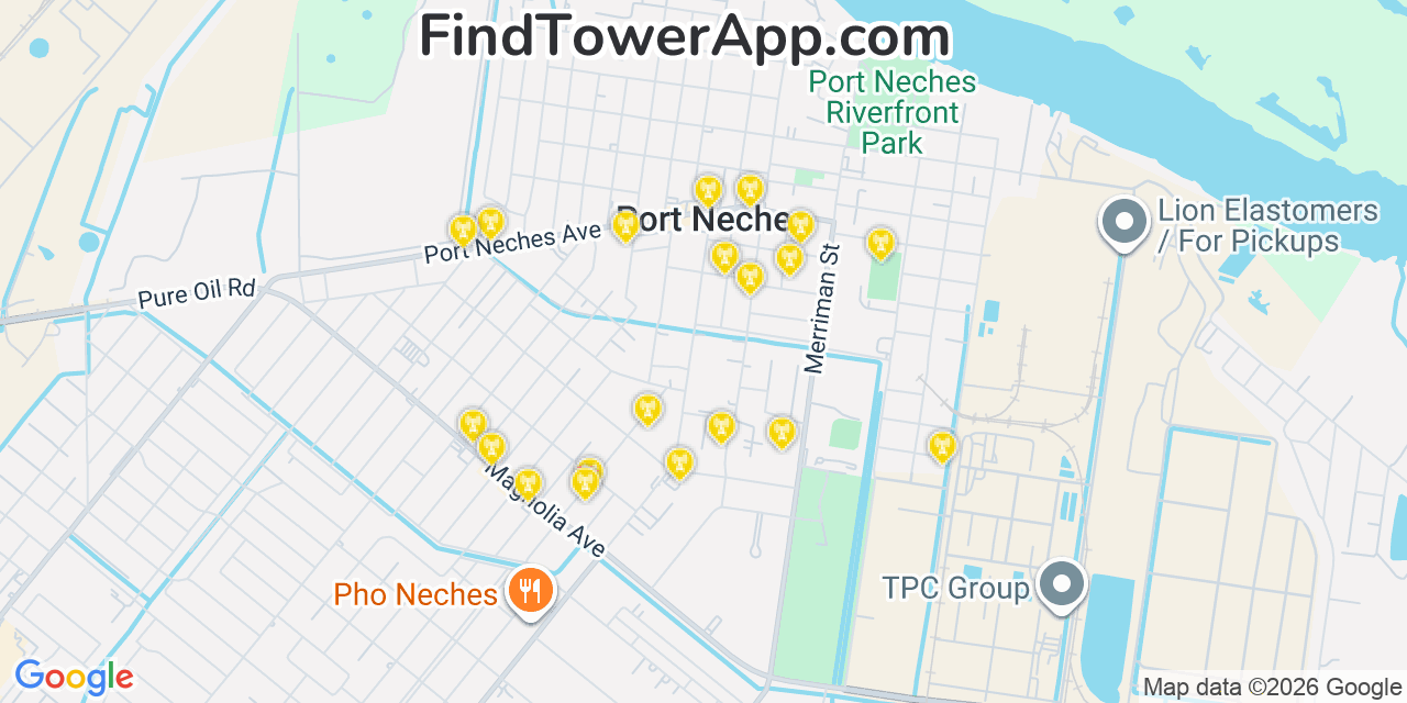 Map showing the 20 primary cell tower locations detected in Port Neches, Texas from AT&T, Verizon, and T-Mobile networks