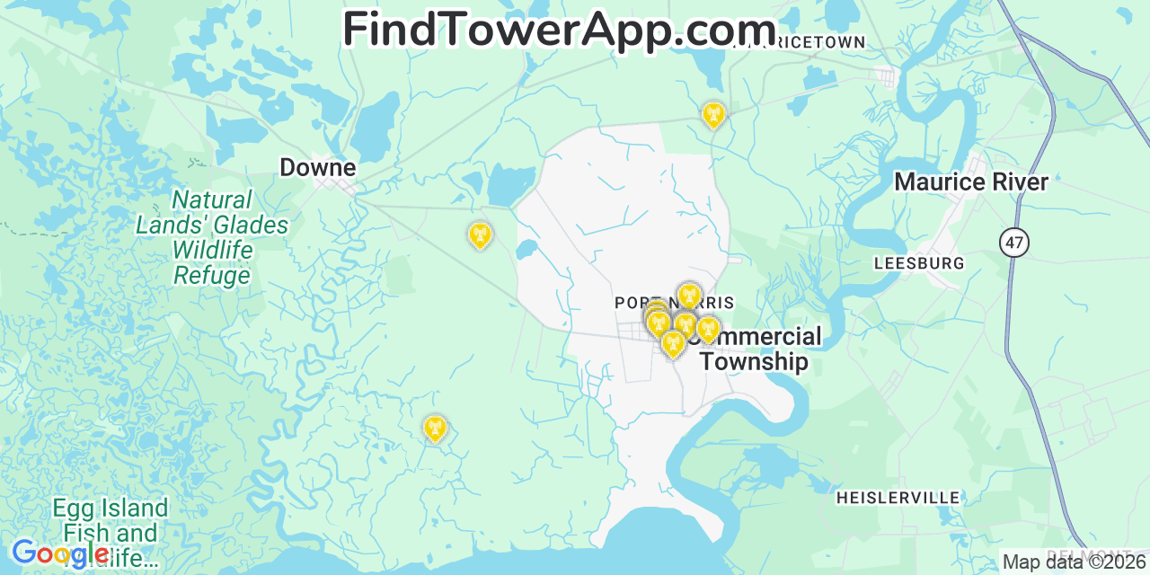Map showing the 20 primary cell tower locations detected in Port Norris, New Jersey from AT&T, Verizon, and T-Mobile networks