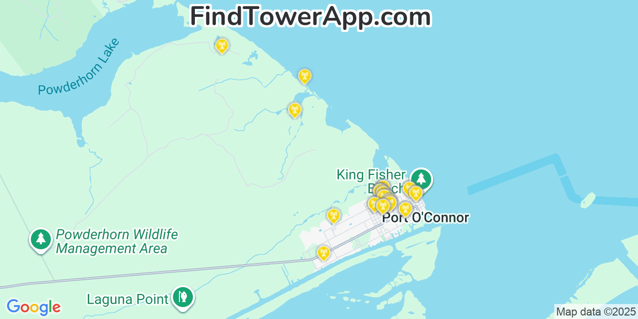 Map showing the 31 primary AT&T cell tower locations detected in Port O Connor, Texas with coverage radius and signal strength indicators