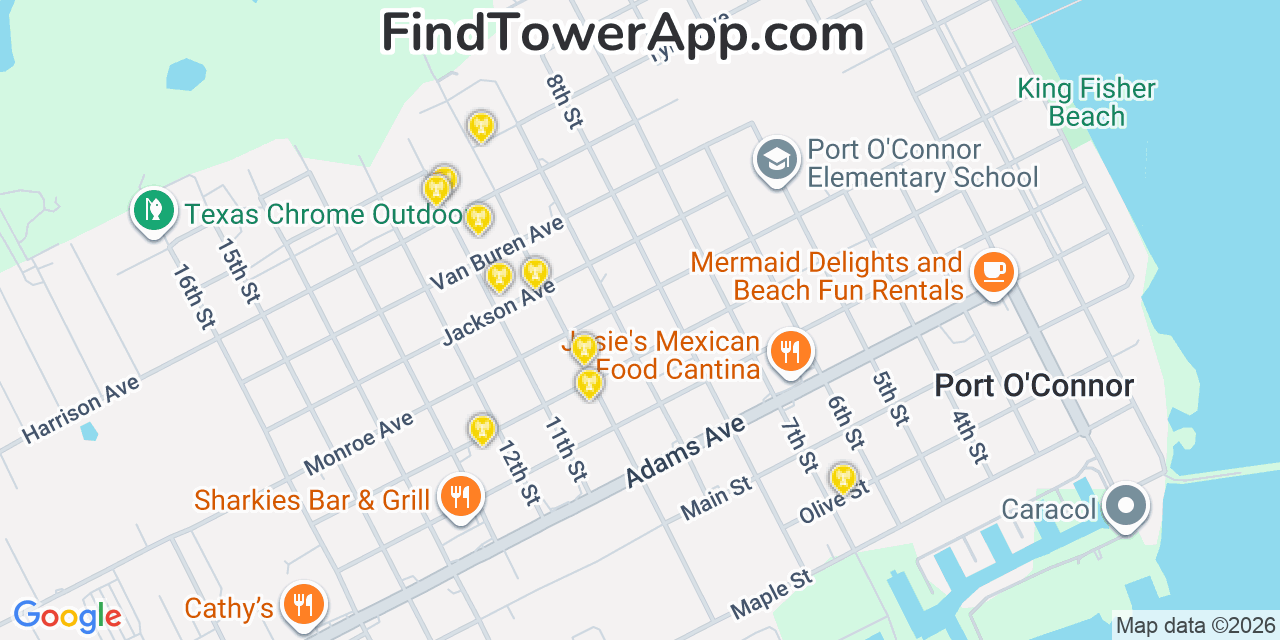 Map showing the 20 primary cell tower locations detected in Port O Connor, Texas from AT&T, Verizon, and T-Mobile networks
