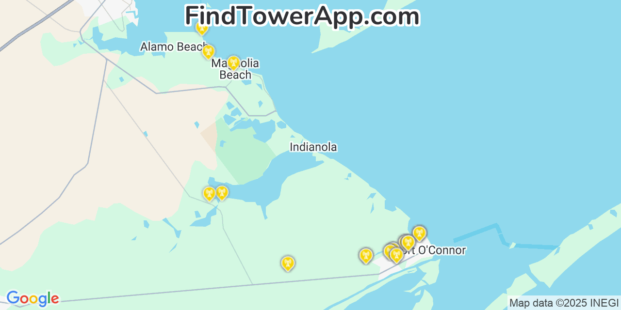 Map showing the 31 primary T-Mobile cell tower locations detected in Port O Connor, Texas with coverage radius and signal strength indicators
