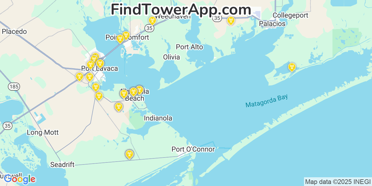 Map showing the 28 primary Verizon cell tower locations detected in Port O Connor, Texas with coverage radius and signal strength indicators