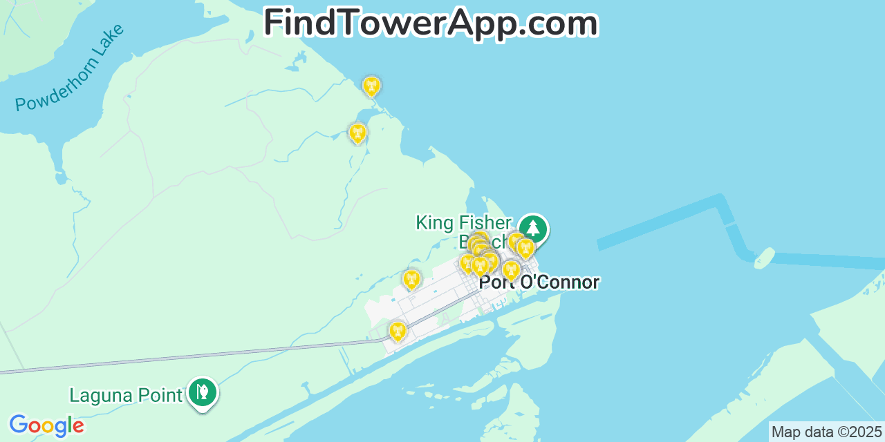 Map showing the 22 primary AT&T cell tower locations detected in Port Oconnor, Texas with coverage radius and signal strength indicators