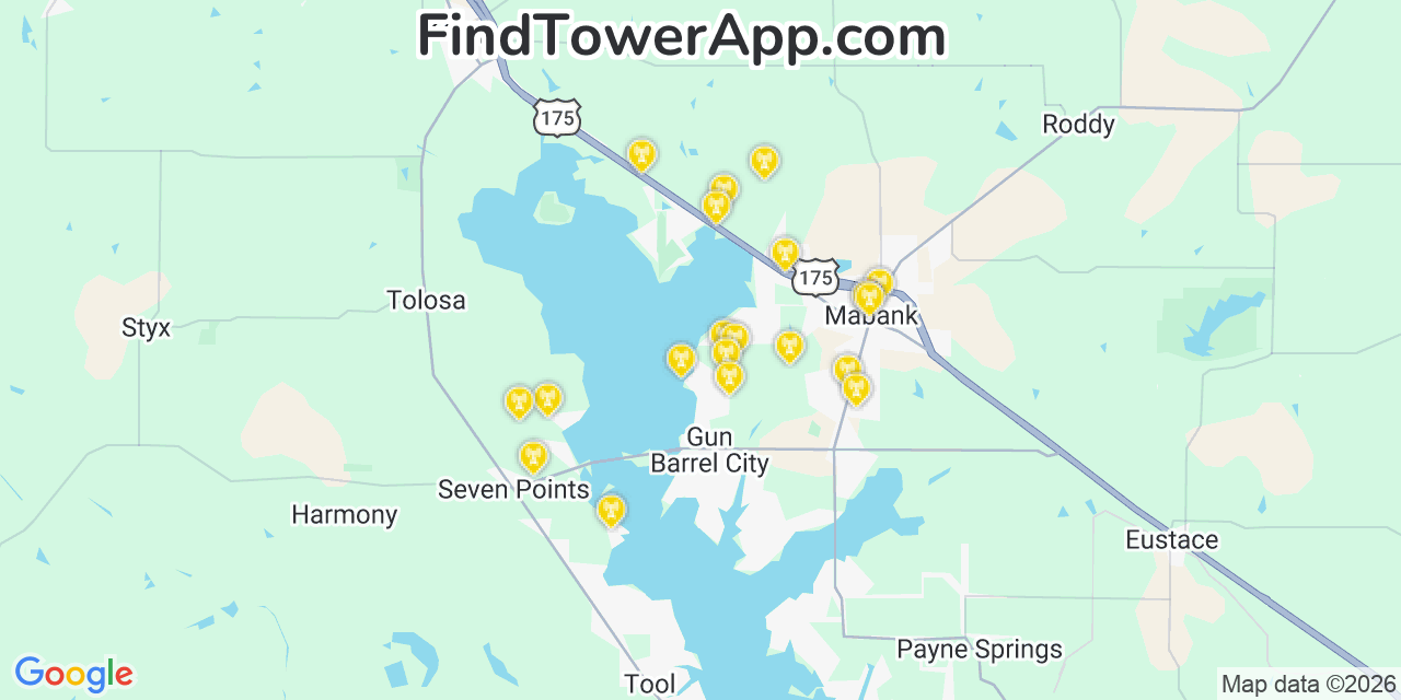 Map showing the 20 primary cell tower locations detected in Port Oconnor, Texas from AT&T, Verizon, and T-Mobile networks
