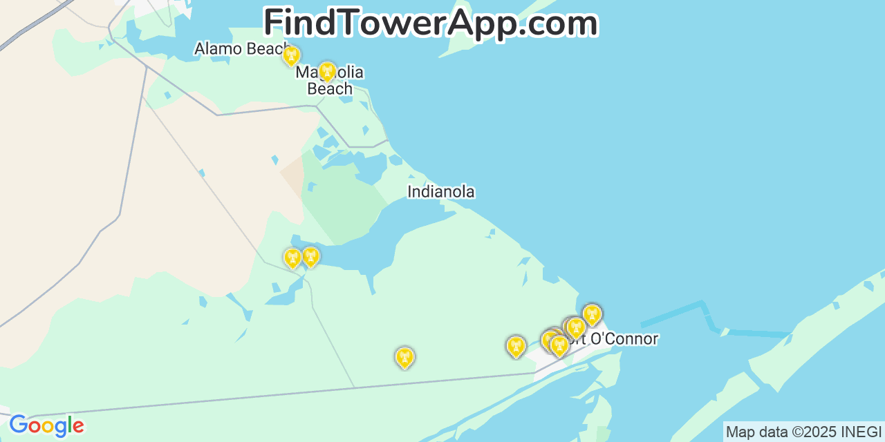 Map showing the 28 primary T-Mobile cell tower locations detected in Port Oconnor, Texas with coverage radius and signal strength indicators