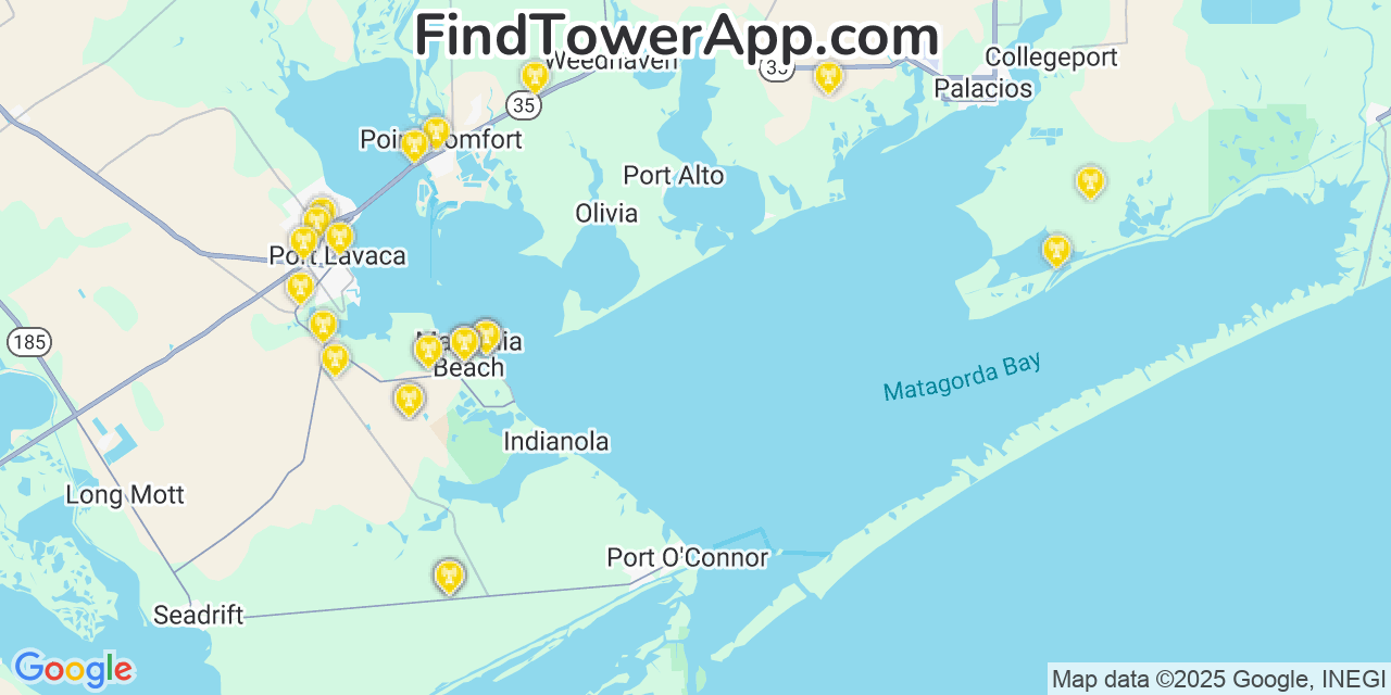 Map showing the 26 primary Verizon cell tower locations detected in Port Oconnor, Texas with coverage radius and signal strength indicators