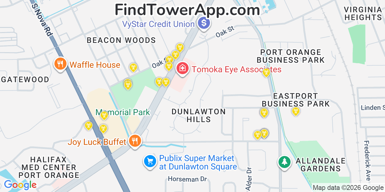 Map showing the 20 primary cell tower locations detected in Port Orange, Florida from AT&T, Verizon, and T-Mobile networks