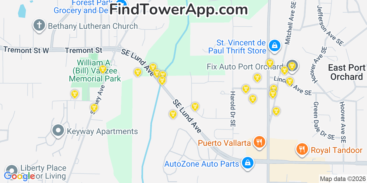 Map showing the 20 primary cell tower locations detected in Port Orchard, Washington from AT&T, Verizon, and T-Mobile networks
