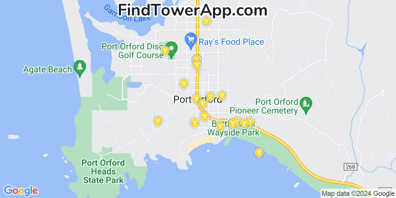 AT&T 4G/5G cell tower coverage map Port Orford, Oregon