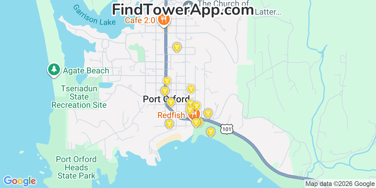 Map showing the 20 primary cell tower locations detected in Port Orford, Oregon from AT&T, Verizon, and T-Mobile networks