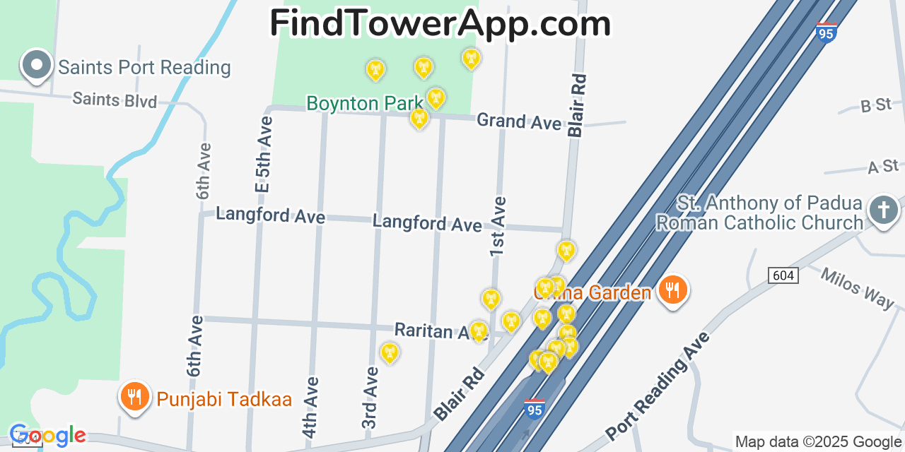 Map showing the 20 primary cell tower locations detected in Port Reading, New Jersey from AT&T, Verizon, and T-Mobile networks