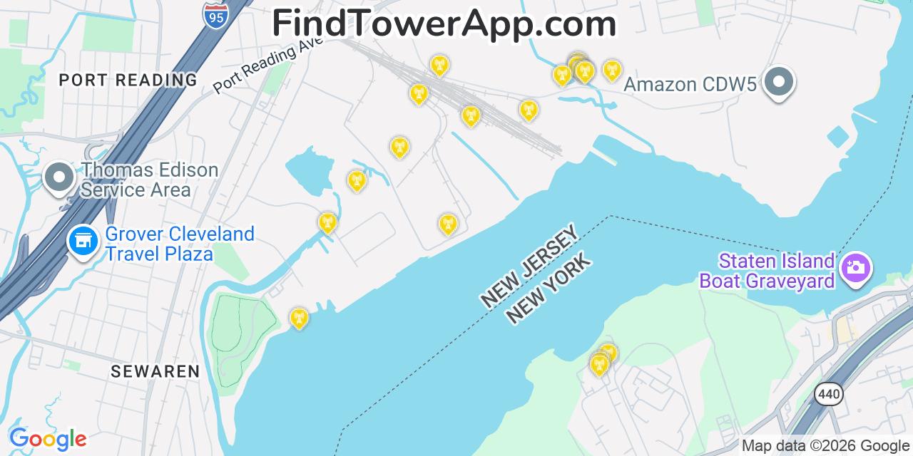 Map showing the 20 primary cell tower locations detected in Port Reading, New Jersey from AT&T, Verizon, and T-Mobile networks