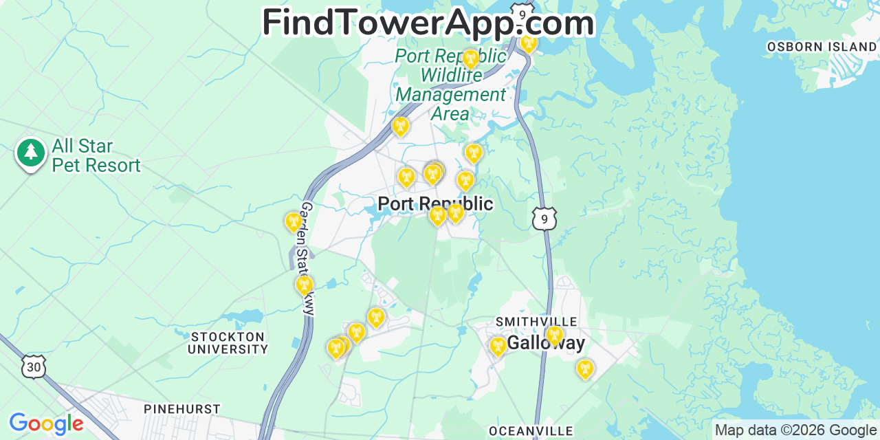 Map showing the 20 primary cell tower locations detected in Port Republic, New Jersey from AT&T, Verizon, and T-Mobile networks