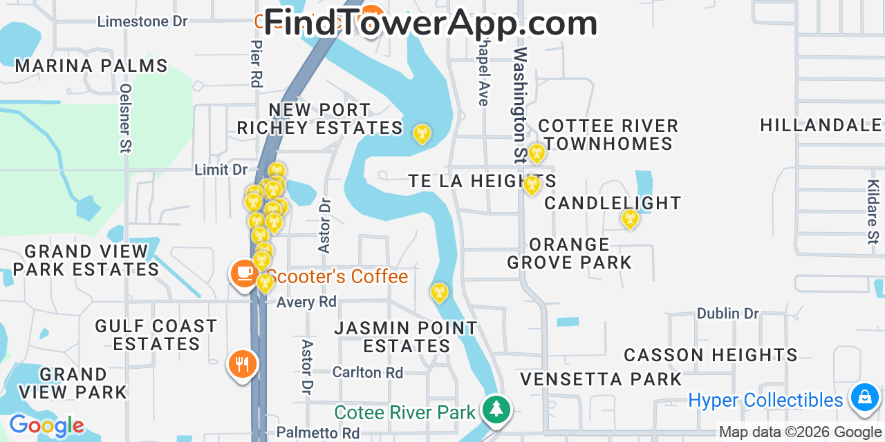 Map showing the 20 primary cell tower locations detected in Port Richey, Florida from AT&T, Verizon, and T-Mobile networks